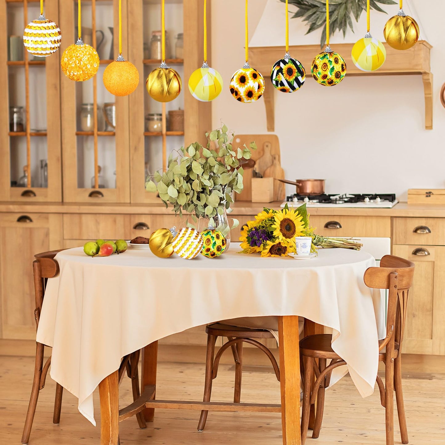 Zeyune 16 Pcs Summer Tree Ornaments Christmas in July Sunflower Hanging Decorations for Small Tree, Yellow Hanging Sequin Ball Ornaments with Ropes, Beach Luau Hawaiian Holiday Party Supplies(Fresh)