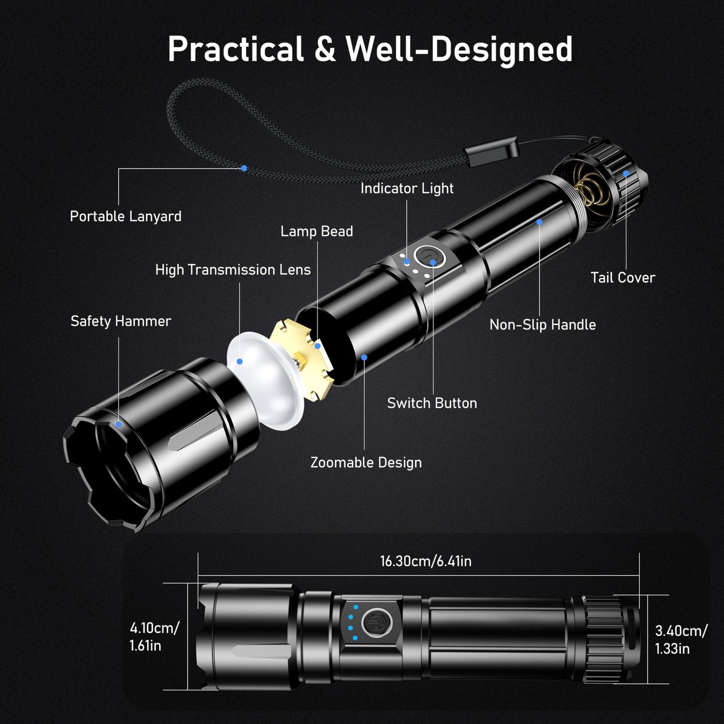 Blukar LED Torch Rechargeable, Super Bright Torches High Lumens -Adjustable Focus, 5 Modes, 5000 mAh Long Lasting, IP67 Waterproof, Powerful Handheld Flashlight for Camping, Hiking, Emergency