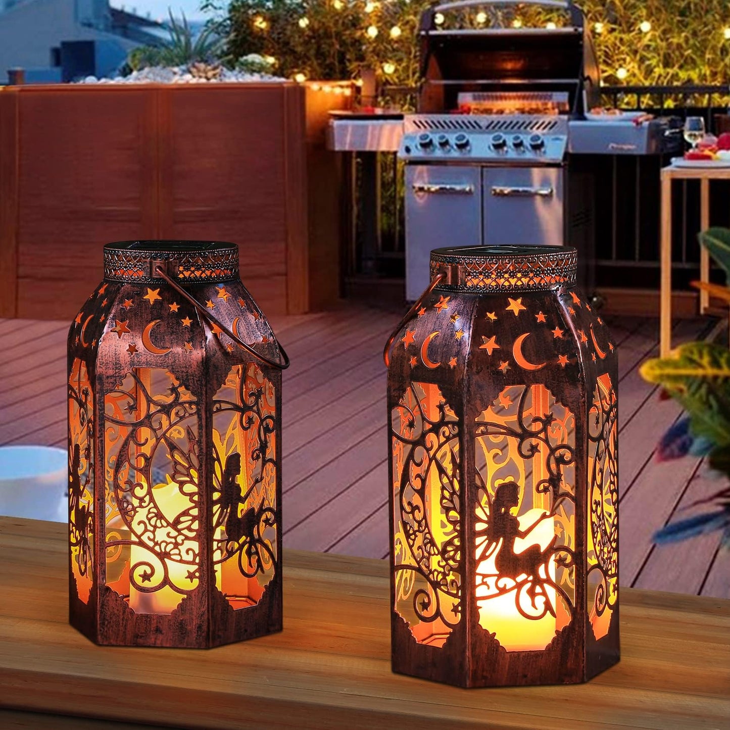 Singingarden Solar Lanterns Outdoor Garden Hanging Lantern Waterproof LED Metal Bronze Moon Fairy Lantern Waterproof Flickering Flameless Candle Mission Lights for Table,Patio,Mother's Day Gift(2Pack)