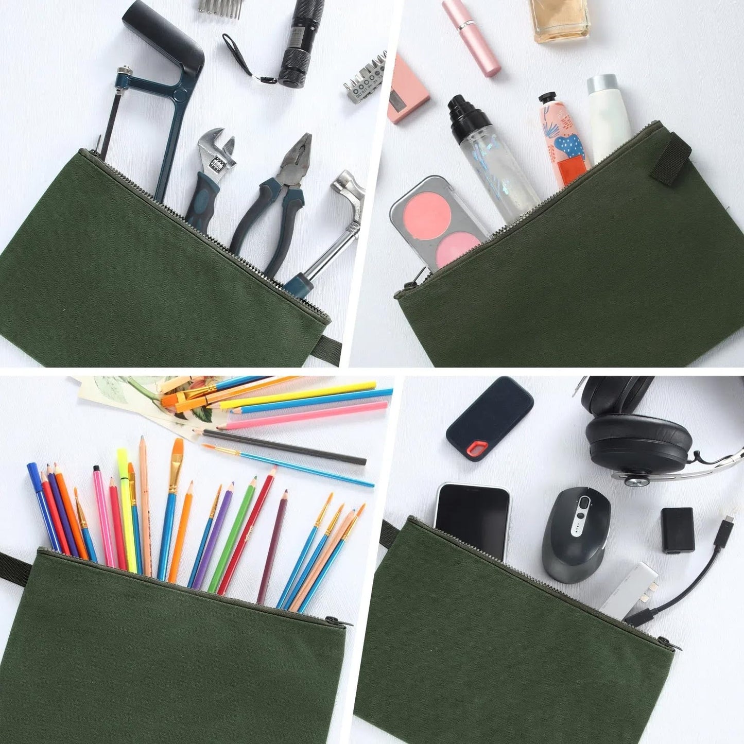 Eccliy 12 Pcs Canvas Tool Bag Pouch Zipper 16 oz Heavy Duty Utility Pouch Bag Multipurpose Storage Organizer 11.8" x 7.9" for Tools, Stationary, Craft, Electronics, Home & Workshop(Army Green)