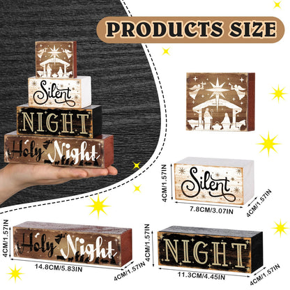 Moucuny 4 Pcs Wooden Christmas Nativity Table Sign Wooden Holy Night Decorative Signage Xmas Tiered Tray Decor Winter Centerpieces Farmhouse Block Set Xmas Table Sign for Home