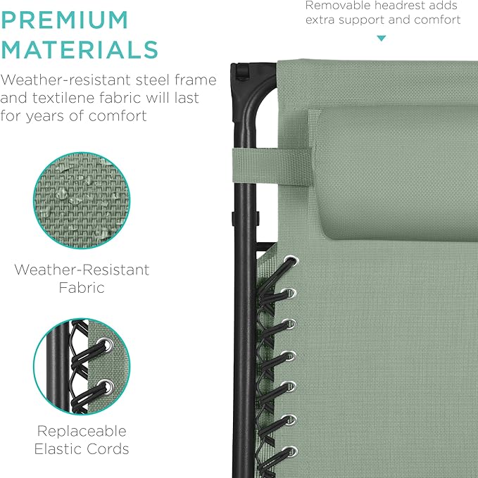 Best Choice Products 30” Wide Folding Zero Gravity Outdoor Recliner Patio Lounge Chair w/Adjustable Canopy Shade, Headrest, Side Accessory Tray - Sage Green