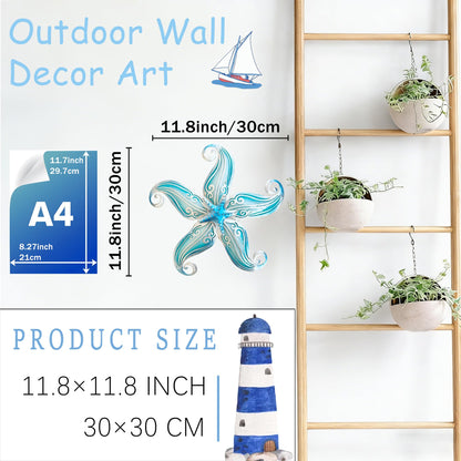 POXOHO Starfish Coastal Wall Decor Art, Starfish Beach Theme Bathroom Decor for Bedroom House Home, 12" Hanging Glass Sculpture, Beach Wall Art Ocean Gifts for Women & Men (Sky Blue)