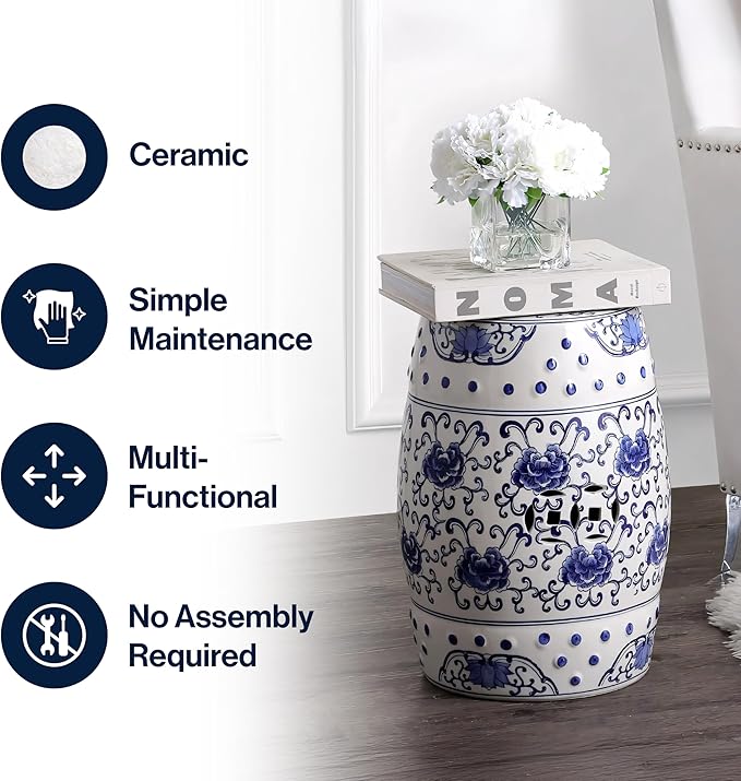 JONATHAN Y TBL1000A Lotus Flower 17.8" Chinoiserie Ceramic Drum Indoor/Outdoor Garden Stool Bohemian, Coastal, Classic, Cottage, French Country, Traditional, Bathroom, Garden Room, Patio, Blue/White