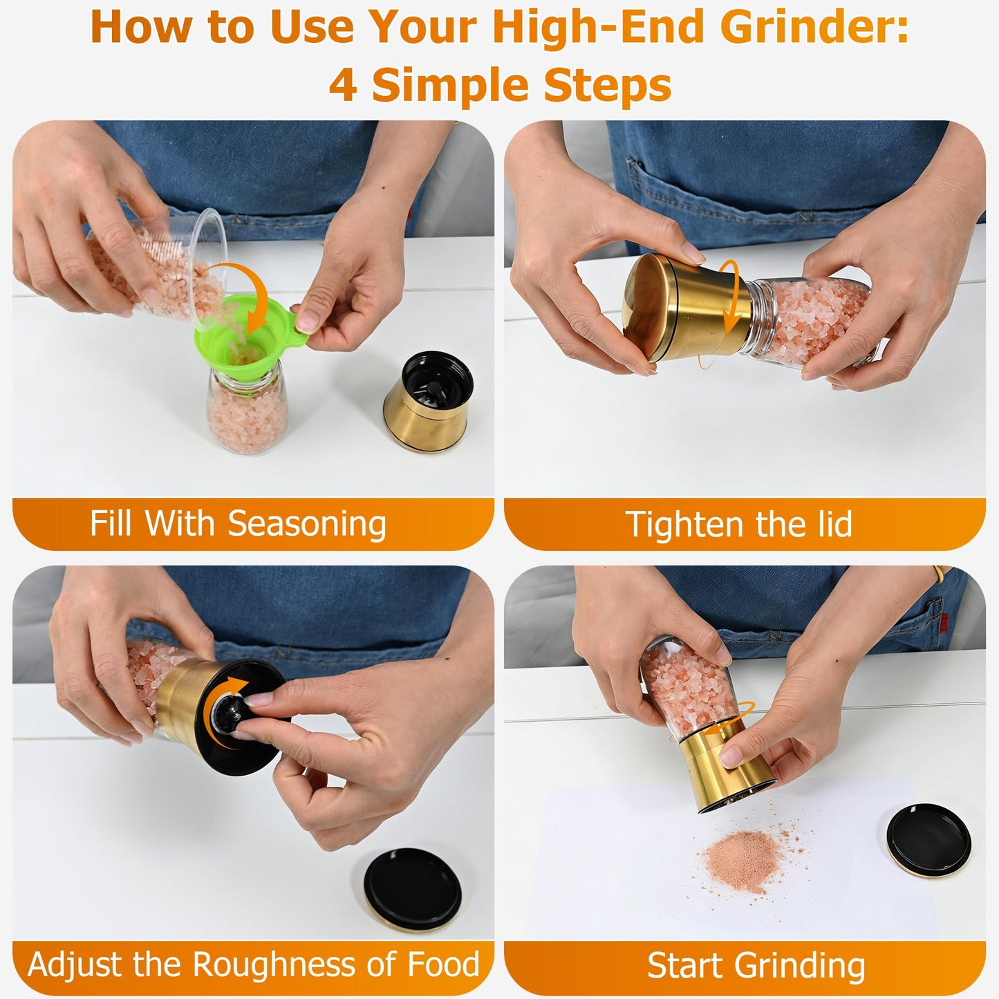 R DRURLCD Short Manual Gold Salt and Pepper Grinder Set of 2 with Funnel, Adjustable Coarseness Shiny Gold Cap Sea Salt Pepper Mill Refillable with Magnetic Lid, Kitchen Decoration Gift