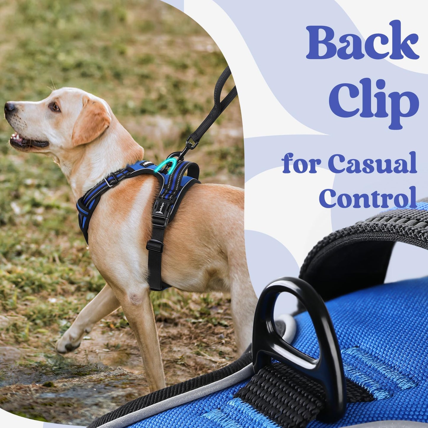 rabbitgoo Dog Harness Medium with Neck Release Buckle, Adjustable No Pull Harness with Front Back Clips, Soft Padded with Easy Control Handle, Reflective Pet Walking Vest, Blue, M