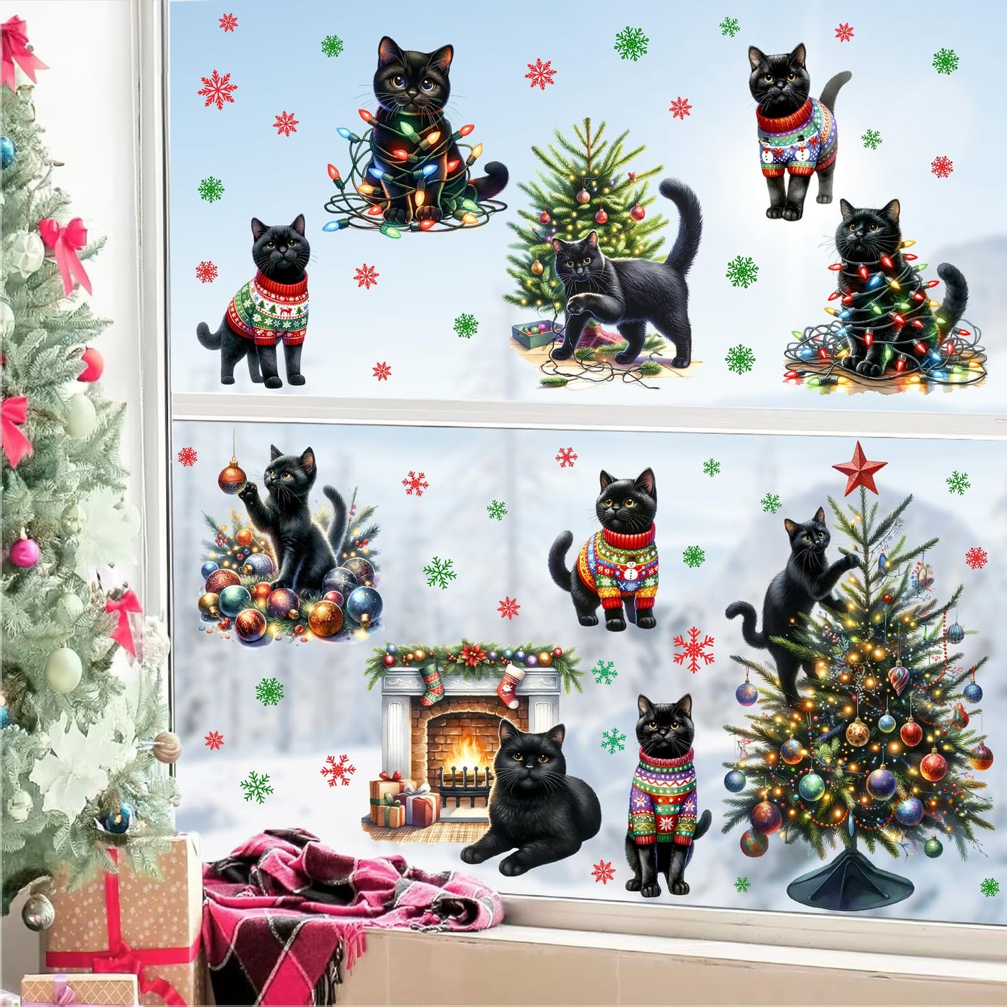 Christmas Decoration Window Clings Black Cat Window Sticker Indoor Removable Christmas Tree Static Decals Double-Sided Reusable Snowflake Vinyl Stickers for Home 2026 New Year Winter Holiday Supplies