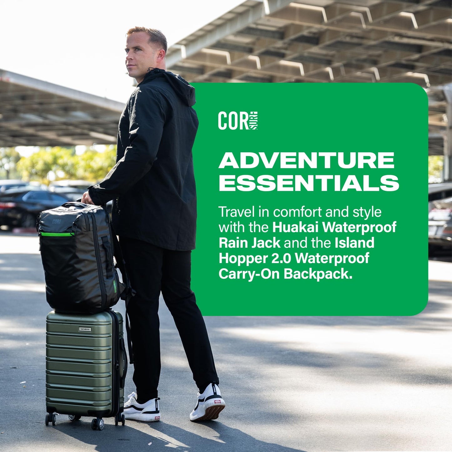 COR Surf Carry On Travel Backpack Bundle | Island Hopper Travel Backpack with Toiletry Bag and Compression Packing Cube Set (34L 2.0, Black with Green Zipper)