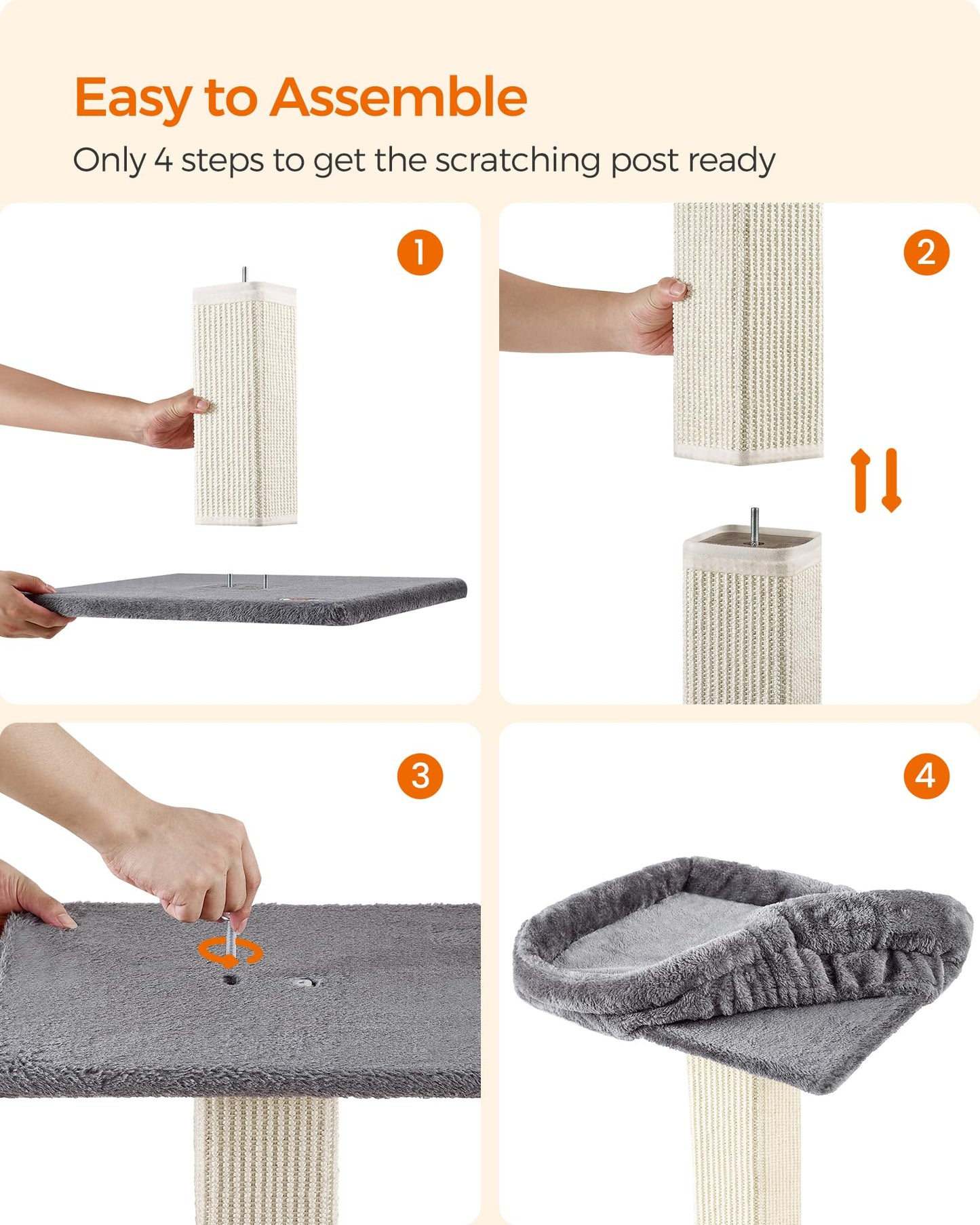 Feandrea Cat Scratching Post, Cat Scratcher with 40 x 30 cm Plush Perch, Cat Tree, 71 cm Tall Scratch Post with Woven Sisal, 45 x 40 cm Base, Pompom, Light Grey