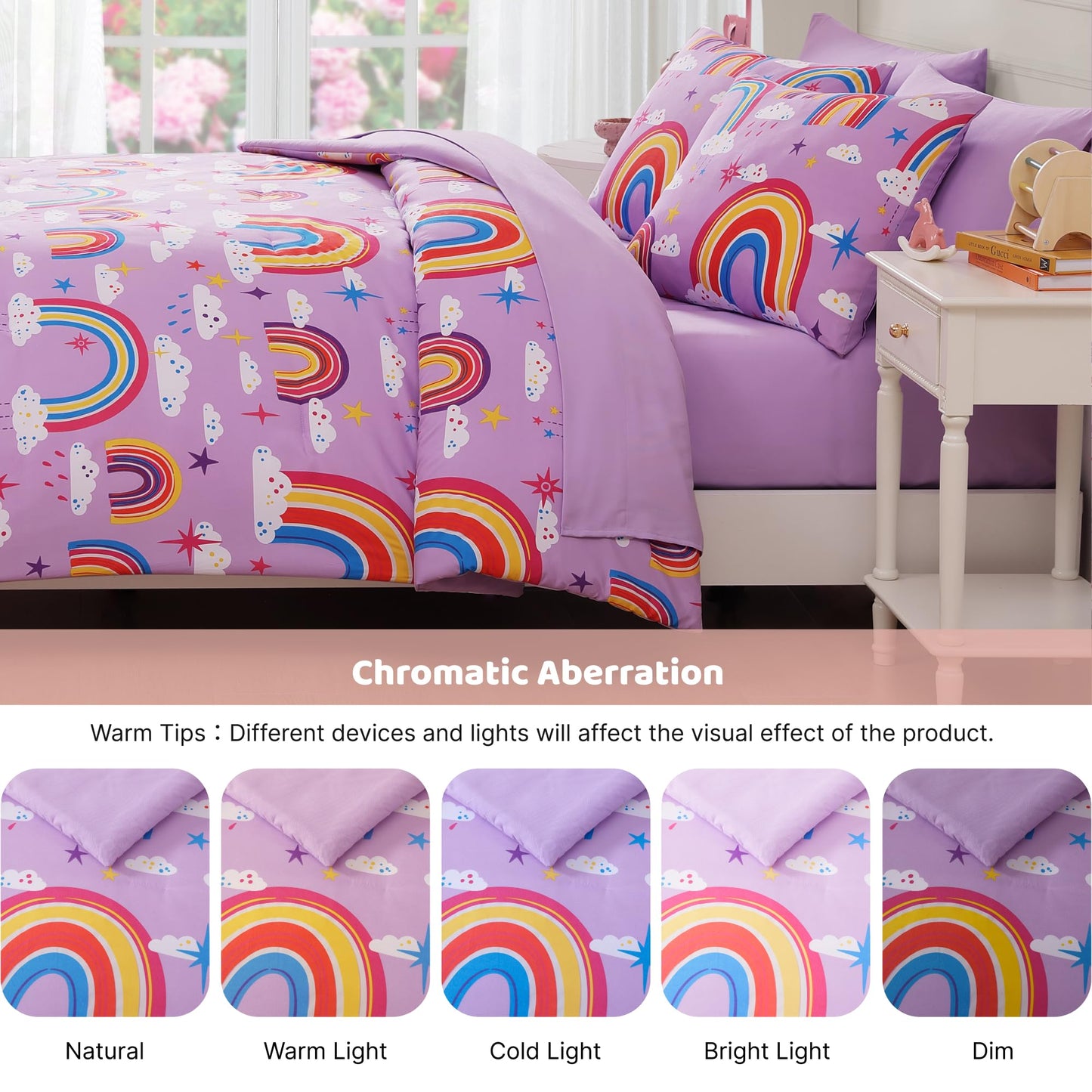 Kaleido Space Twin Kids Comforter Set - 5 Pieces Twin Bedding Sets for Girls Teen, Glow in The Dark Purple Rainbow Bed in A Bag with Sheets