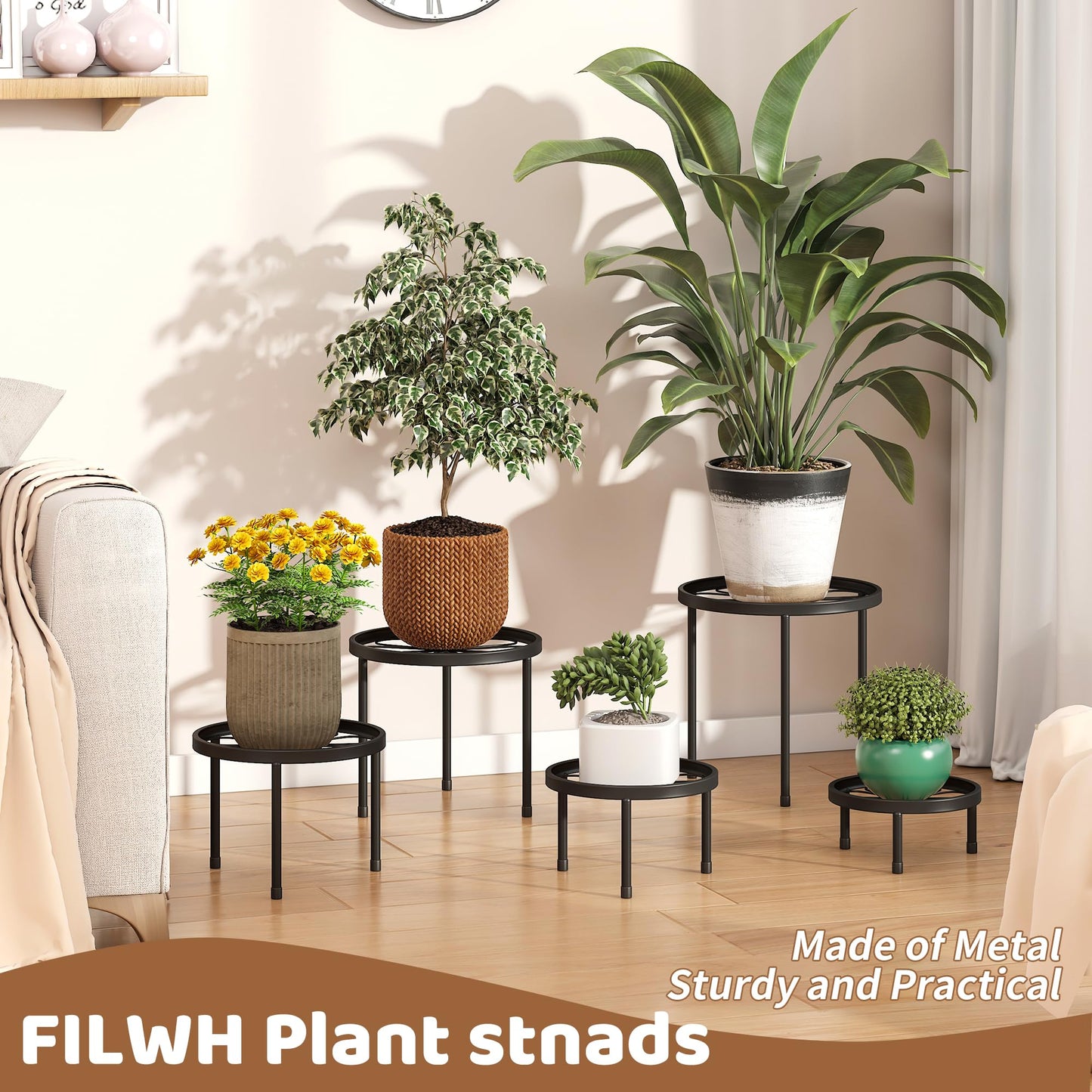 5 Pack Metal Plant Stand Indoor Outdoor Heavy Duty Plant Stands Anti-Rust Iron Flower Pot Stands,Flower Pot Stand Plant Pot Shelf for Garden Garden Balcony (Black)