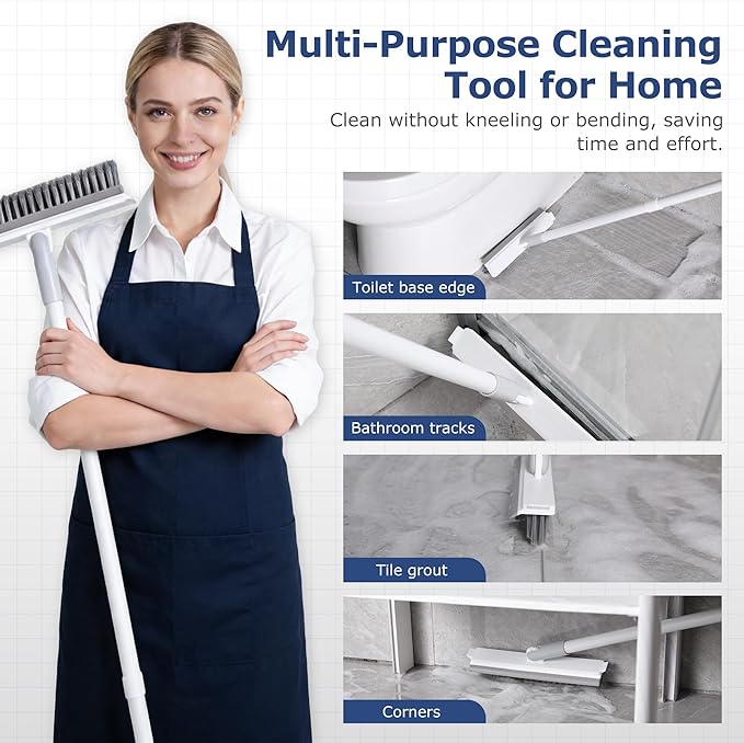 Grout Brush with Long Handle, Floor Cleaning Scrubber with Stiff Bristles