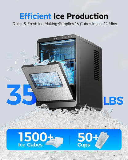 ICEVIVAL Crescent Ice Maker Countertop, 35Lbs/24H, Clear Ice Maker with Self-Cleaning & Timer, 16 Crystal-Clear Ice in 12 Mins, Countertop Ice Makers for Home, Office or Party