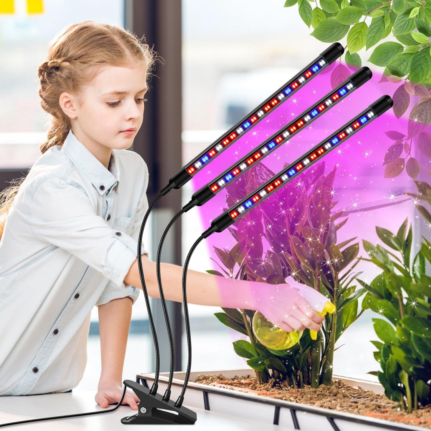 SDOVUERC Tri-Head Clip Grow Light for Indoor Plants, Full Spectrum with 6/12/18H Timer, 5 Dimmable Levels, 3 Spectrum Modes & 360° Gooseneck for Seedlings, Houseplants, Succulents