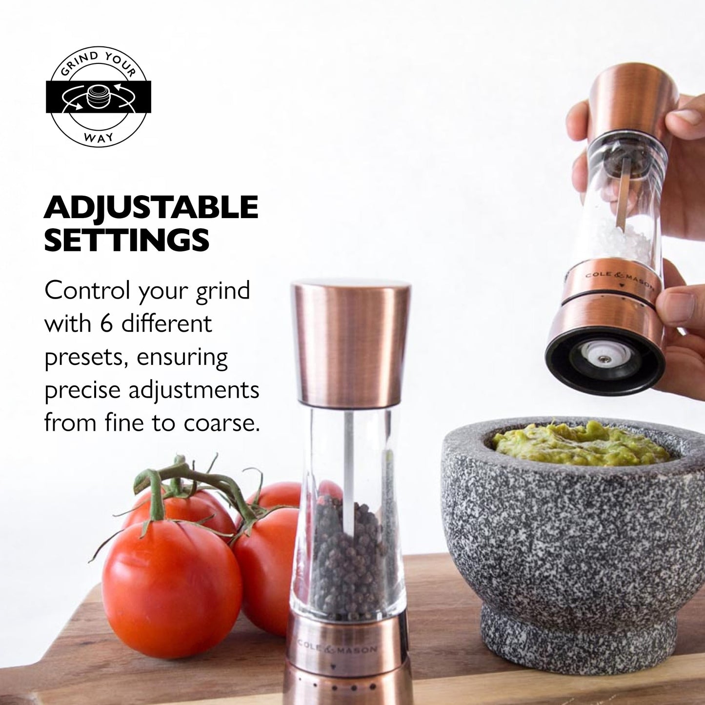 Cole & Mason Derwent Salt & Pepper Grinder Set - Salt & Pepper Grinder Set with Adjustable Grind Settings - Easily Refillable Spice Mills for Enhanced Taste - Copper with Stainless Steel Funnel