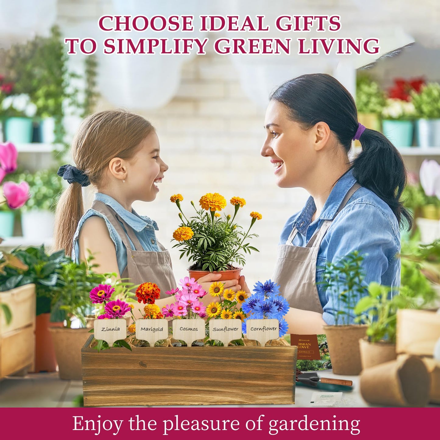 5 Indoor Flowers Growing Kit for Beginners, Complete Planting Starter Set with Zinnia, Cosmos, Sunflower, Marigold, Cornflower Seeds, Unique Gardening Gifts for Women & Men