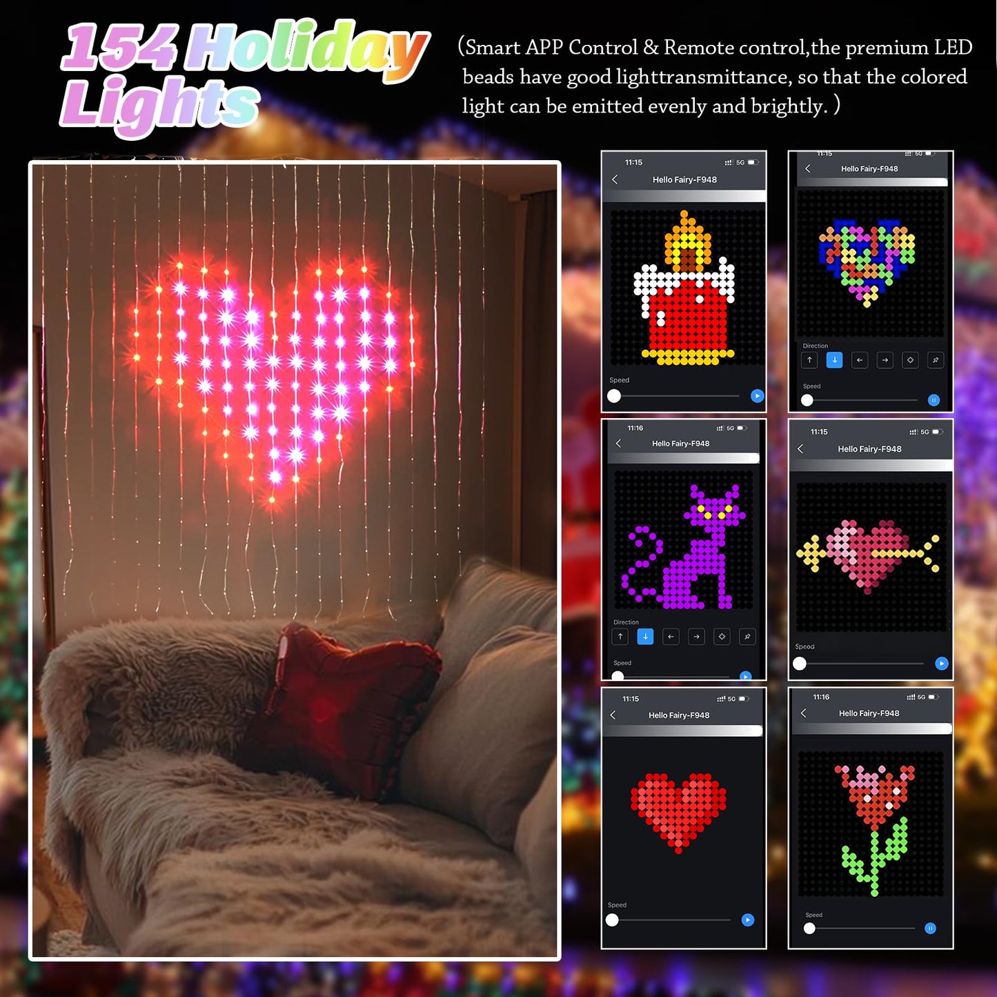 Wonder Solar Curtain Lights DIY LED Decorations Outdoor Smart String Lights 540 LEDs Valentine's Day DIY Lighting Modes Decorative Curtain Lights for Yard, Patio, Party Wedding Yard Home 6.5FT*5FT