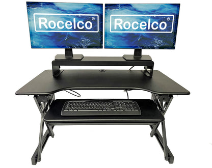 Rocelco 40" Large Height Adjustable Standing Desk Converter with Dual Monitor Stand BUNDLE - Quick Sit Stand Up Computer Workstation Riser - Retractable Keyboard Tray - Black (R DADRB-40-DMS)