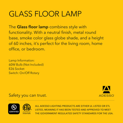 Adesso Globe Smoked Glass Floor Lamp with Antique Brass Finish – 60” Tall, Compact 10.5” Wide Base