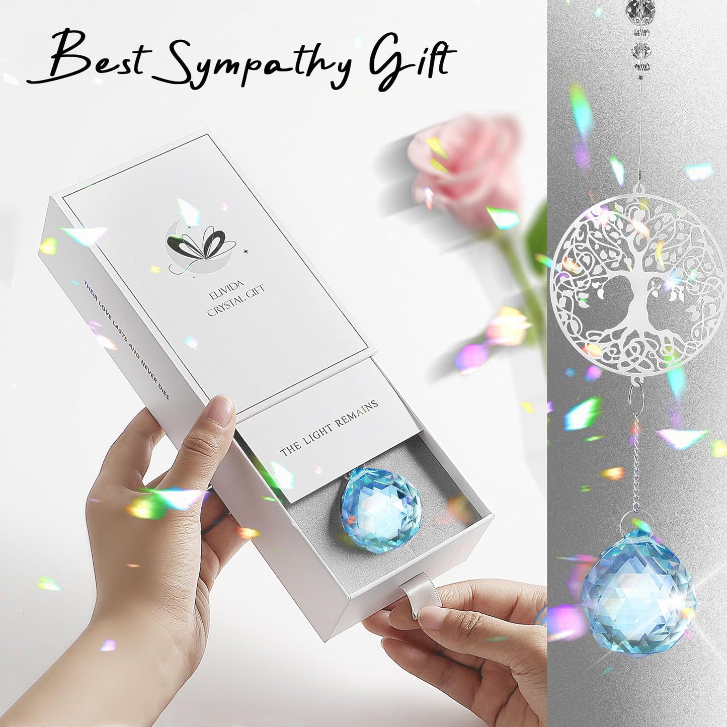 Elivida Modern Sympathy Grief Gift for Loss of Loved Ones, Memorial Suncatcher, Crystal Bereavement Gift Idea, Tree of Life Design Rainbow Maker for Miscarriage, Remembrance, Blue