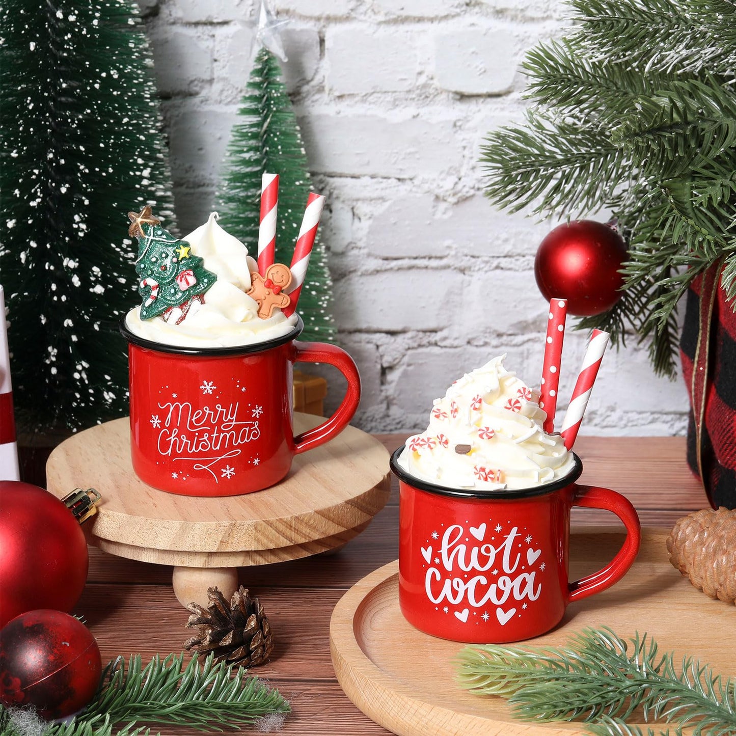Jingmore 2 Pack Christmas Coffee Bar Decor with Faux Whipped Cream Ceramic Gingerbread Coffee Mugs Faux Hot Cocoa Toppers Christmas Tree Gingerbread Man Decoration for Xmas Bar Centerpieces