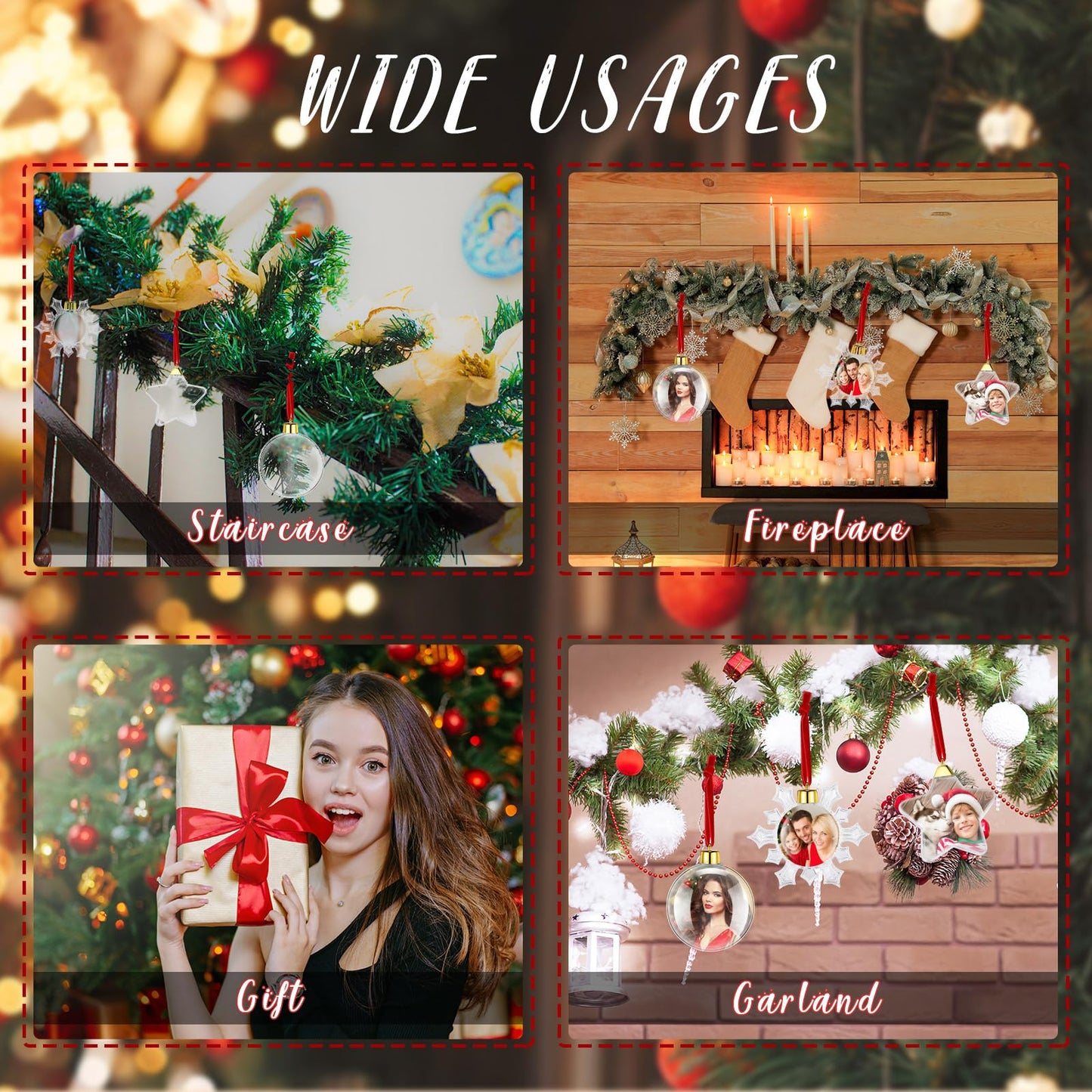 15 Pcs Christmas Hanging Photo Frame Christmas Photo Ornaments Acrylic Decorative Pictures Frames Family Ornament for Winter Christmas Tree Decorations(Round, Snowflake, Star)