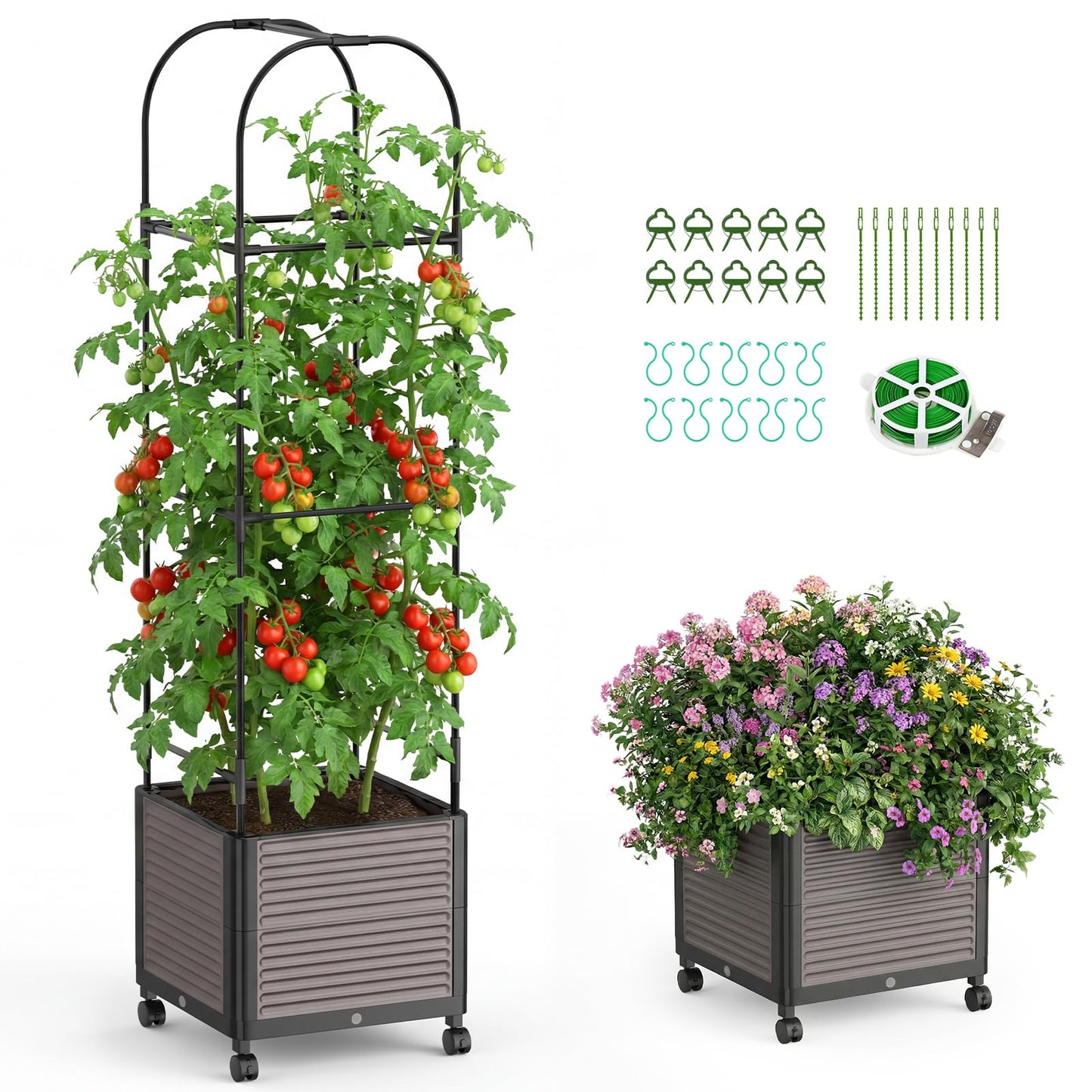 DoCred 60" H Raised Garden Bed Planter Box with Wheels, Tomato Cage Planter Raised Garden Bed with Trellis for Climbing Vegetables Plants Tomato Cage, Indoor Outdoor Use