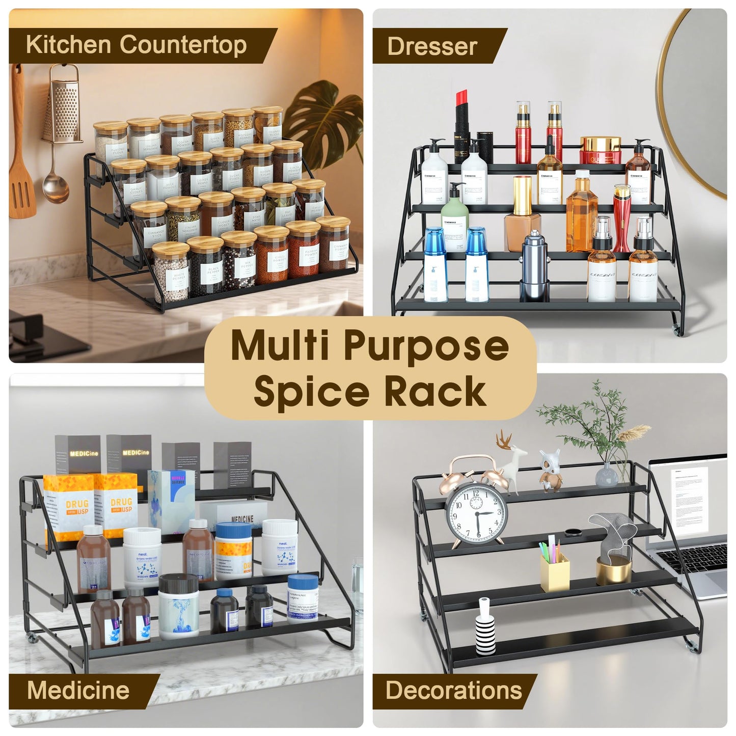 Jolitac 4-Tier Spice Rack Organizer, Depth Adjustable Step Shelf, Metal Spice Rack Perfect for Cabinet, Countertop & Pantry Storage | Enhances Kitchen Visibility and Organization | 1 Pack