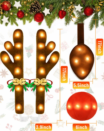 Christmas Reindeer Antlers Car Decoration Kit, Waterproof LED Lights Nose Vehicle with Jingle Bells Rudolph, Auto Holiday Accessories for SUV Van Truck Decor Warm White