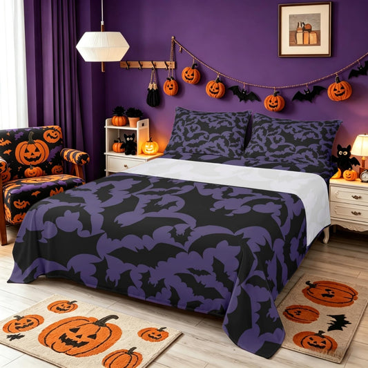 Castle Fairy Halloween Themed Full Fitted Sheet 4pcs,Black Bats Animal Print Bed Sheet Set for Girls Teens Bedroom,Dark Purple Color Polyester Bedding Set with 1 Flat + 2 Pillowcases