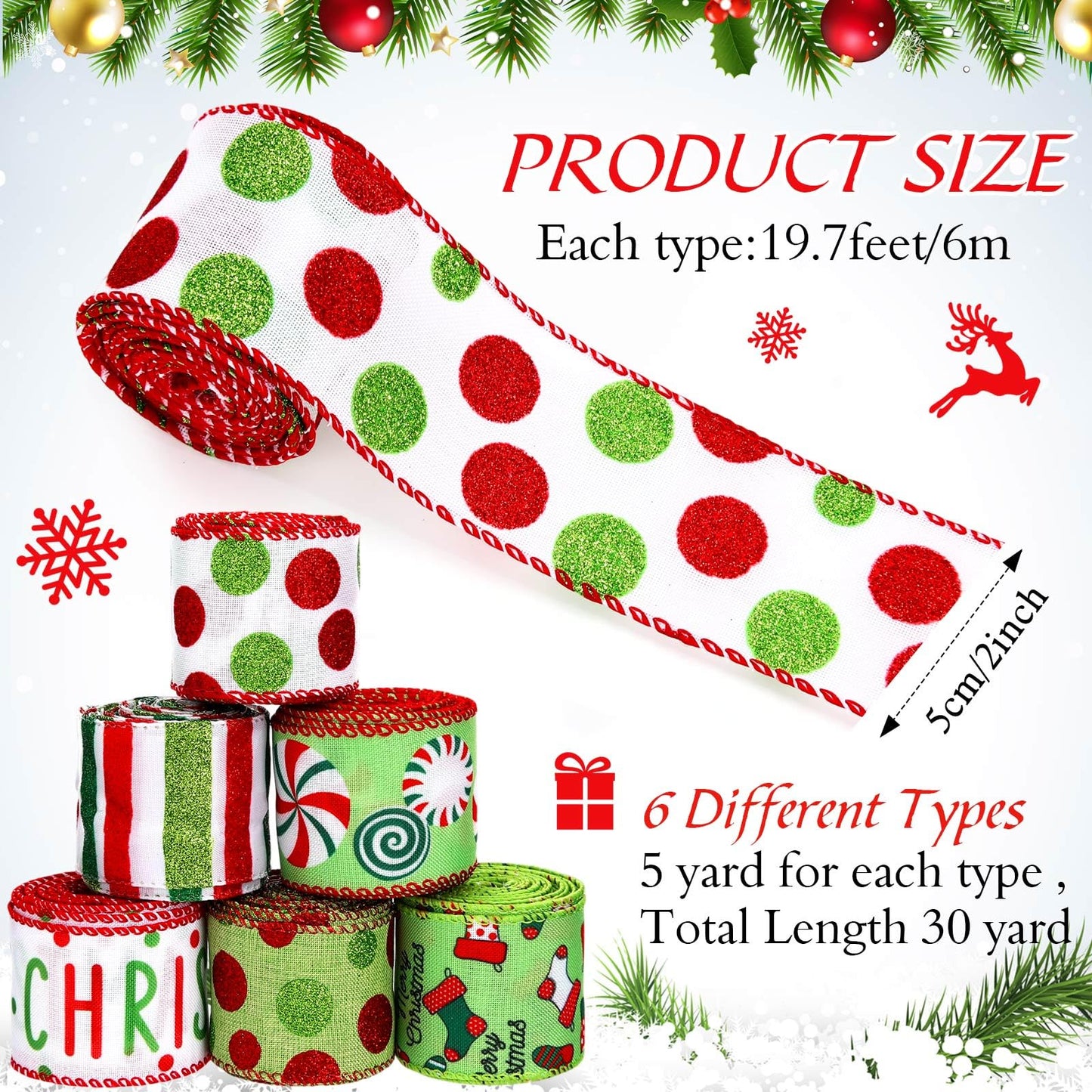 Tigeen 6 Rolls 30 Yards Red and Green Christmas Wired Ribbons Edge Candy Polka Dot Xmas Stocking Ribbons for Holiday Decorations Gift Wrapping Wreath Bows DIY Crafts Making, 2 Inch