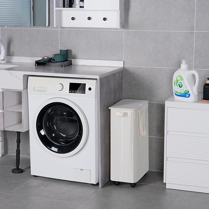 Slim Laundry Hamper with Lid and Wheels, Small Rolling Laundry Basket with