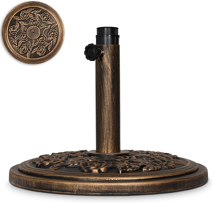 Backyard Expressions 20 lb Patio Umbrella Base Stand, Decorative Rose Medallion Antique Bronze Finish, Fits 1.5–1.9 in Poles w/Adapters, 18 in Round Weighted Outdoor Umbrella Holder for Deck & Table