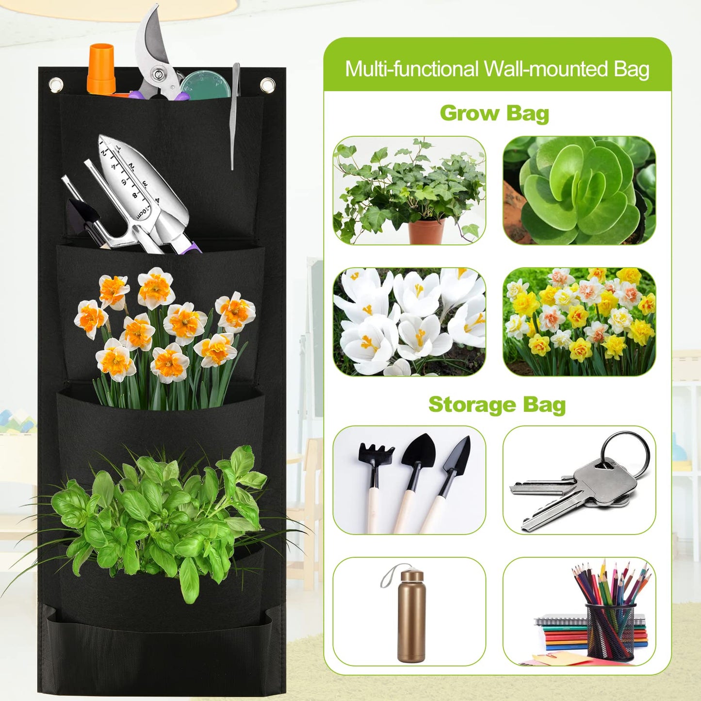 Cosmos Hanging Wall Planter with 4 Pockets Vertical Garden Planter Wall Mounted Flower Pouch Plant Growing Bag Garden Tools Storage Bag for Outdoor Decor
