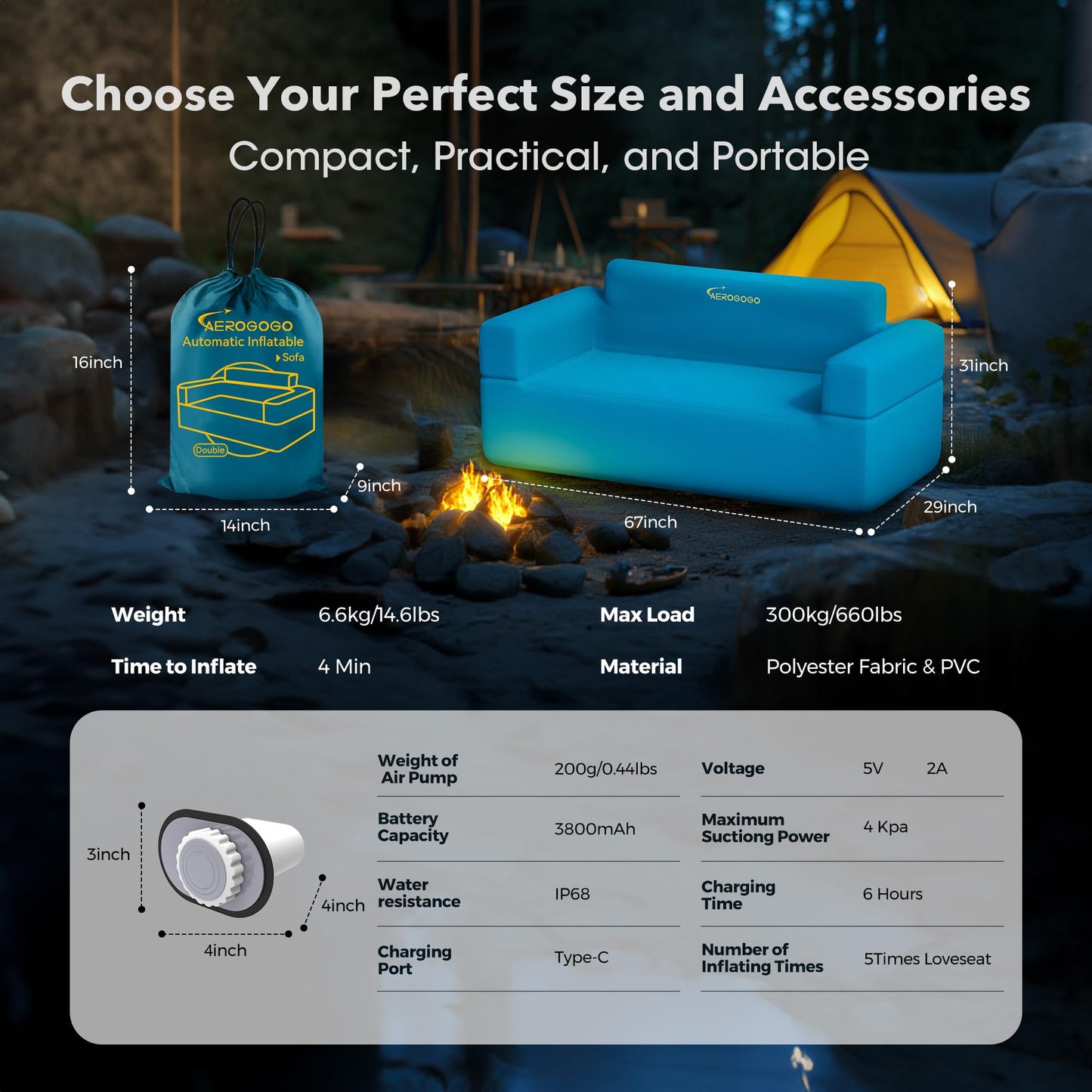 Inflatable Couch Self Inflatable Sofa, Air Couch with Built-in Air Pump Rechargeable Loveseat Bundled with Inflatable LazySofa