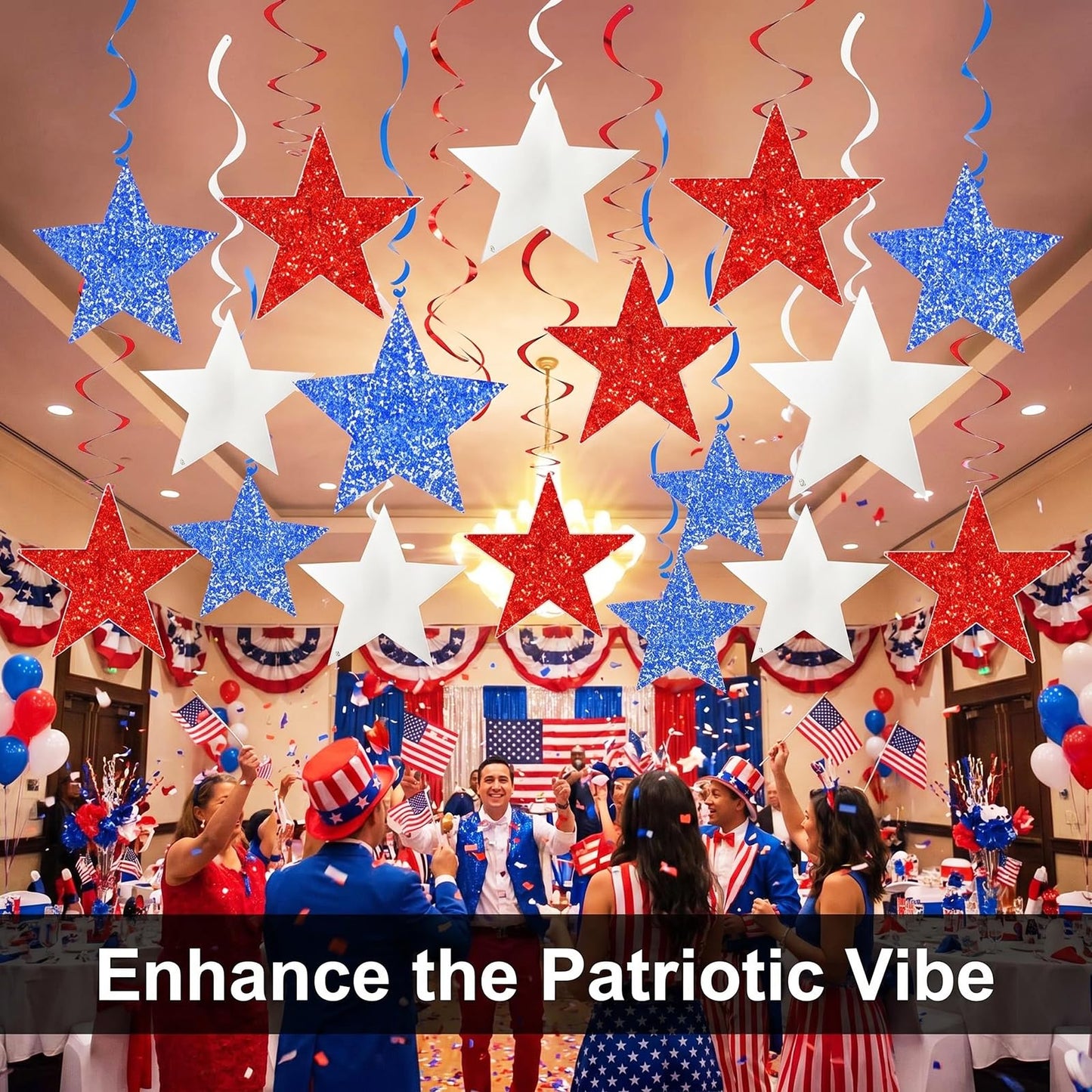 4th of July Decorations Red White Blue/Graduations Party Decorations Red Blue/Patriotic Hanging Star Streamers, Red White Blue Glitter Stars with Swirls, Memorial Day Veterans Day