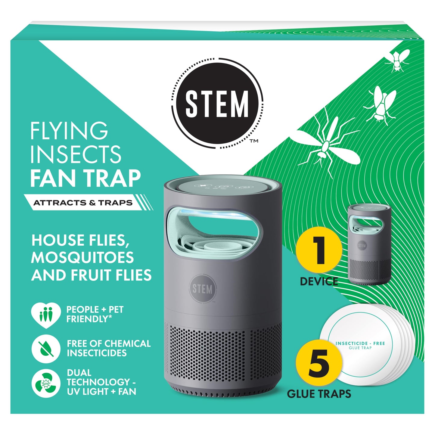STEM Flying Insect Fan Trap for Indoor Bug Control, Attracts Mosquitoes, Fruit Flies, and House Flies, Plug-in Fan with UV Light, Starter Kit Includes 1 Device and 5 Glue Traps