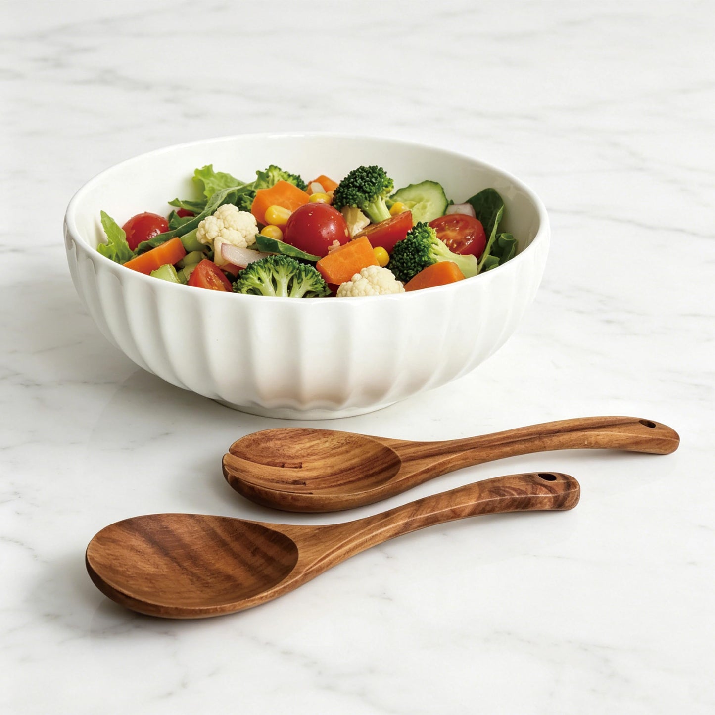 seicasaya 12-Inch Large Ceramic Salad Bowl Set with Wooden Servers, Decorative Serving Bowl with Ribbed Design for Pasta, Fruit (White)