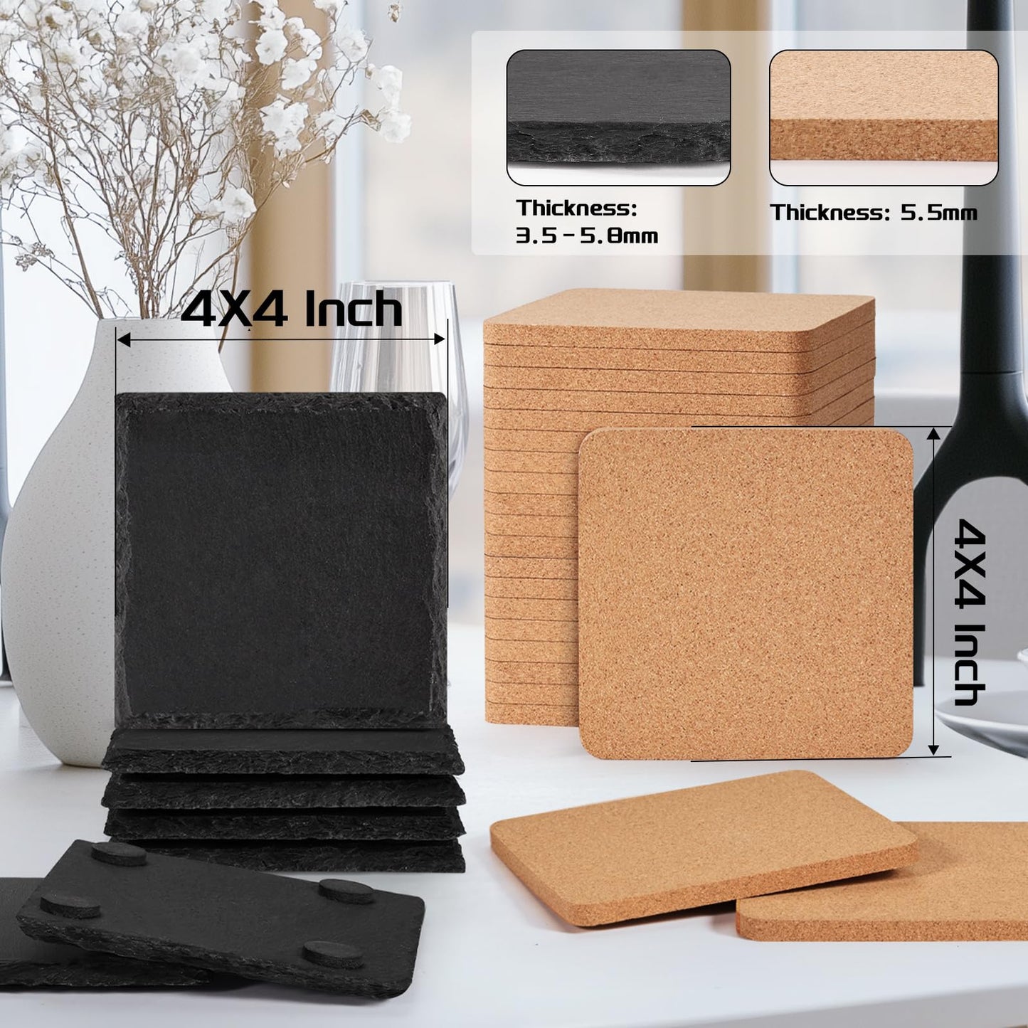 100 PCS Coaster Bulk for Laser Engraving, MAPRIAL 4 Inch 50 PCS Blanks Black Handmade Slate Stone Coasters, 50 PCS Cork Coasters, Engravable Materials for Engraver, Gifts, Crafts, Square