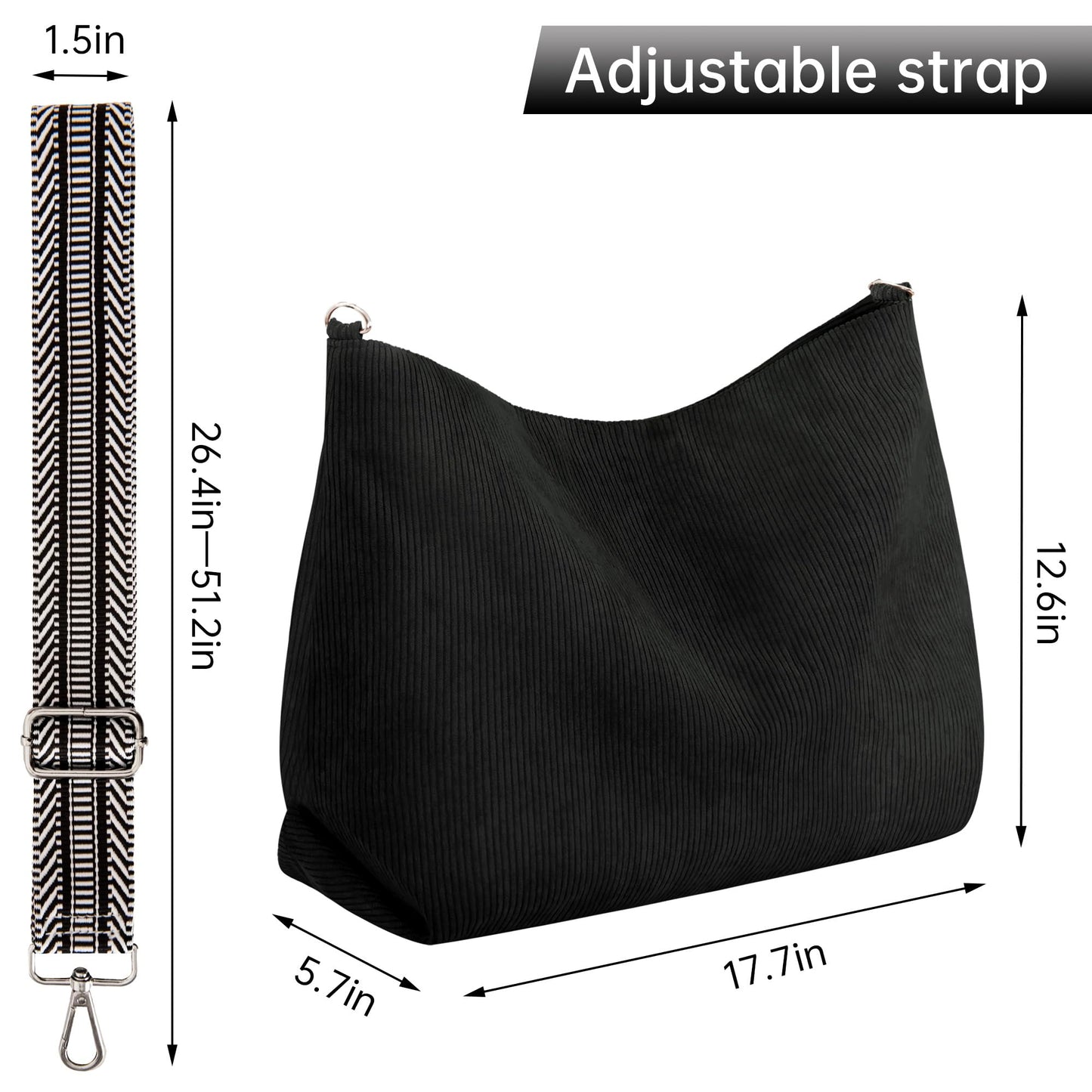 Prite Corduroy Tote Bag for Women with Zipper Large Capacity Shoulder Bags with Adjustable Strap and Pockets Waterproof Handbag for Work School Shopping Travel College (Black)