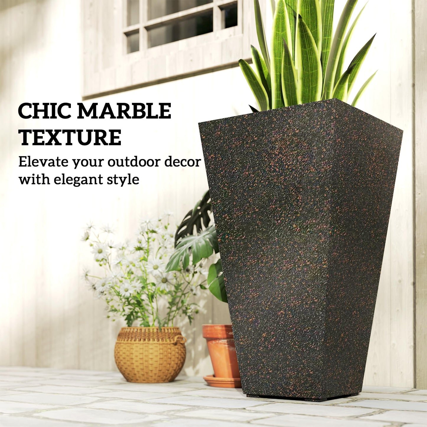 Outsunny 28 Inch Tall Planters for Outdoor Plants, Set of 3 Plastic Flower Pots with Marble Finish and Drainage Holes, Stackable Tapered Large Planters for Indoor Plants, Front Porch Decor, Brown