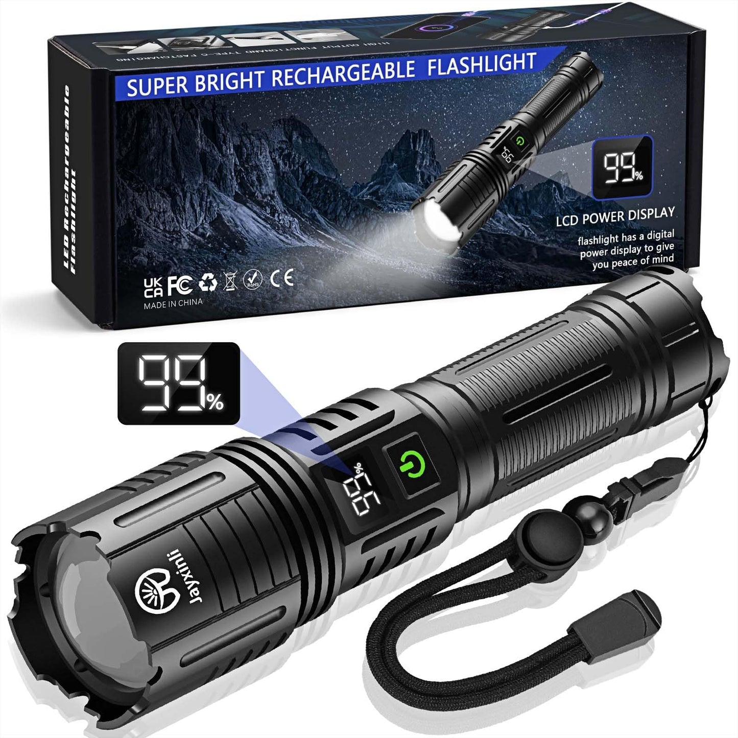 Torches LED Super Bright 500000 Lumen Rechargeable with LCD Power Display and 5000 mAh, Zoomable, IP67, Powerful, 5 Light Modes, High Power Torch for Camping, Hiking, Dog Walking