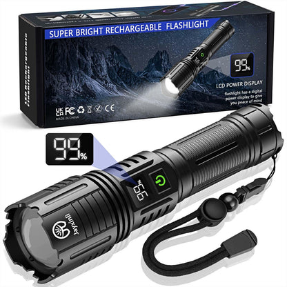 Torches LED Super Bright 500000 Lumen Rechargeable with LCD Power Display and 5000 mAh, Zoomable, IP67, Powerful, 5 Light Modes, High Power Torch for Camping, Hiking, Dog Walking