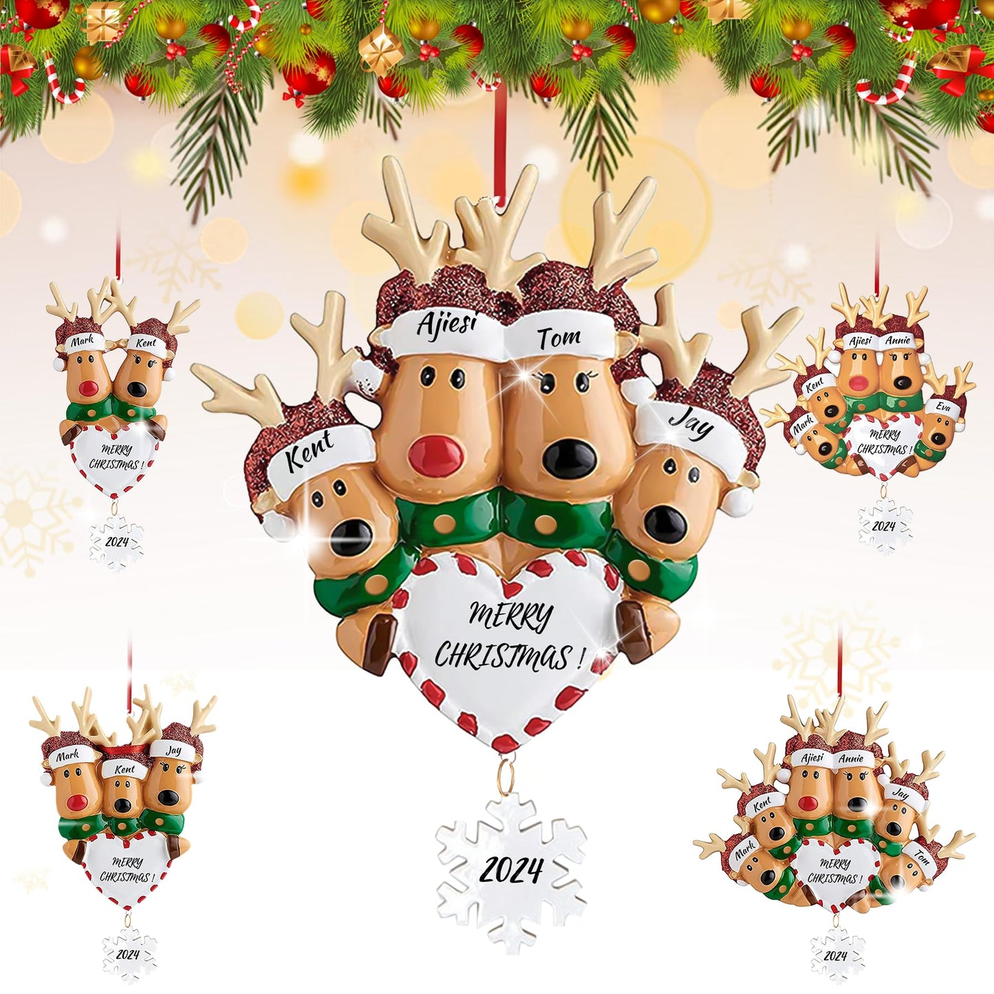 Personalized Heart Reindeer Christmas Ornaments 2025 - Custom Resin Elk Deer Ornament for Christmas Tree, DIY Family Name Hanging Pendant, Ornament for Friend & Family (Family of 4)