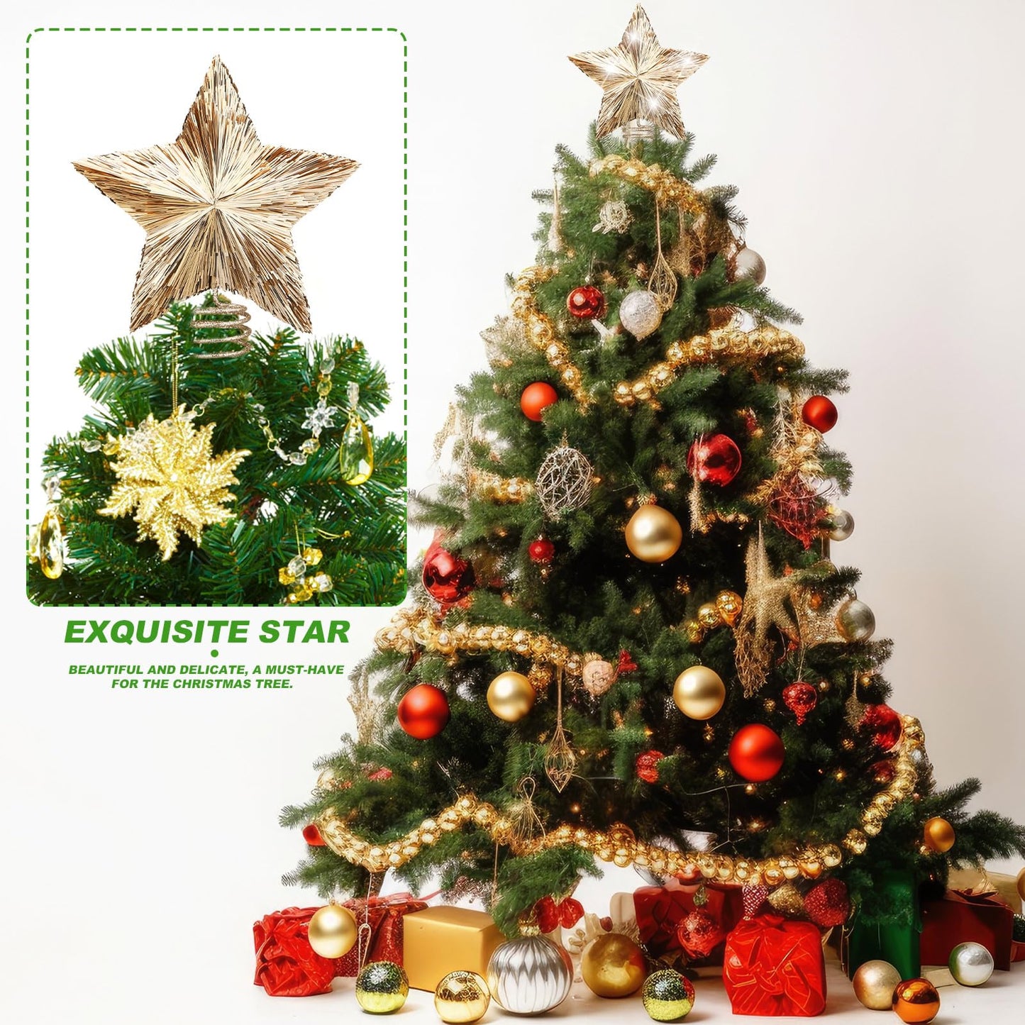 Gejoy 8.2 Inch Champagne Christmas Star Tree Topper Large Gold Bethlehem Star Topper with Glitter Sequin Xmas Holiday Ornament Decoration for Christmas Tree