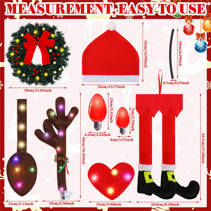Datanly 34 Pcs Christmas Reindeer Antlers Car Kit Including Christmas Garland with Light String Antlers Nose Tail with LED Light Hanging Santa Legs Magnetic Decals Headrest Cover for Car Truck