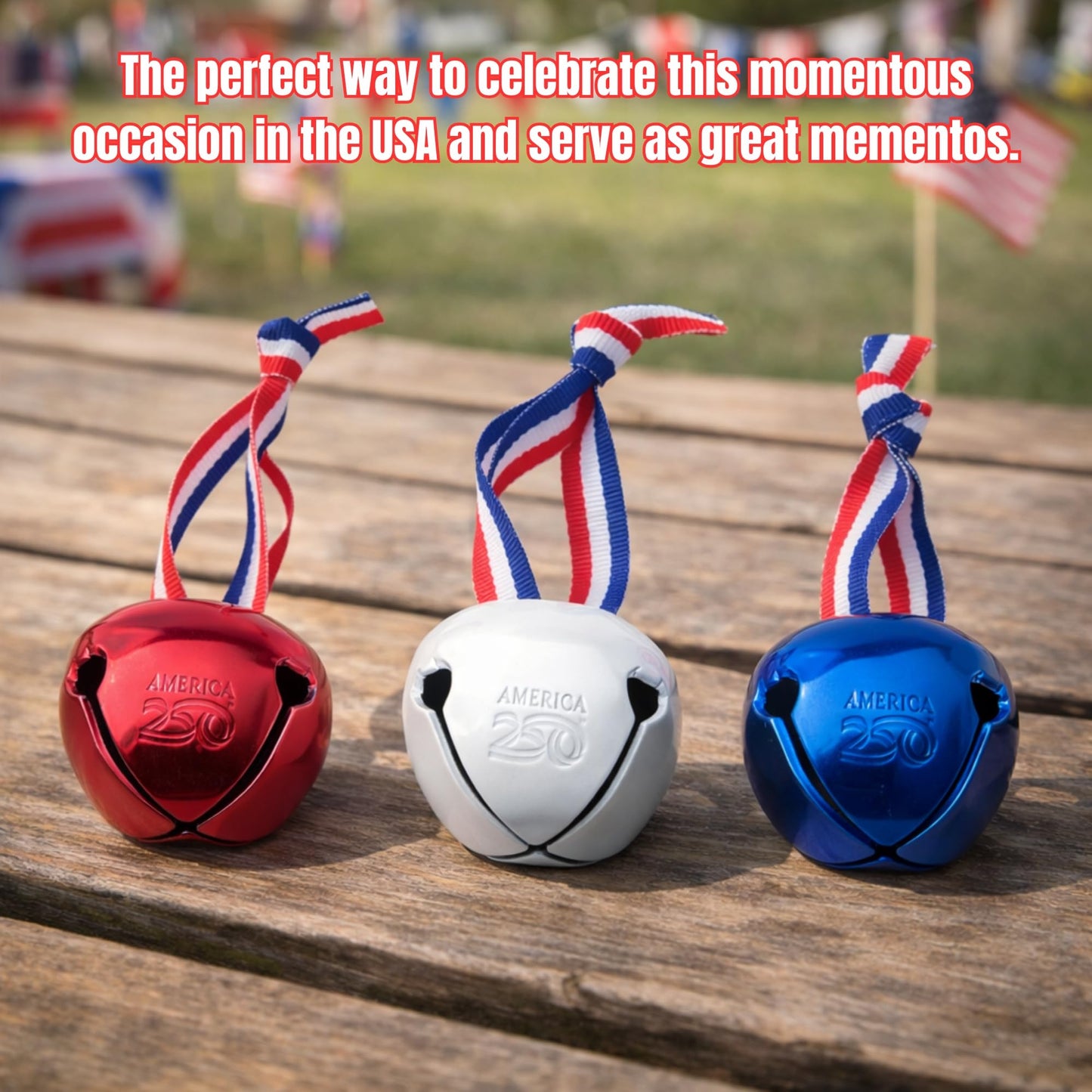 Bevin Bells Believe Sleigh Bells Ornament | America’s 250th Anniversary (3-Pack) | 1.5" Steel Jingle Bells in Red, White & Blue with Tricolor Ribbon & White Drawstring Bag | Gift Ideas | Made in USA