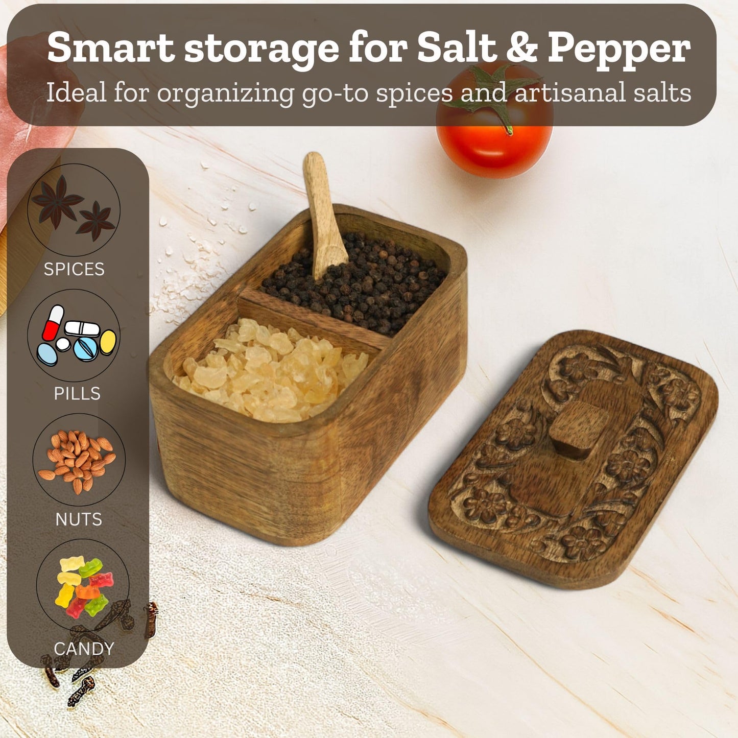 Mie Creations Duet Salt and Pepper Box Cellar with Hand Carved Lid & 2 Spoons, Rustic Wooden Pinch Bowls with 2 large Compartments | Wood Salt Storage Keeper, Spice Bowls for Kitchen Cooking