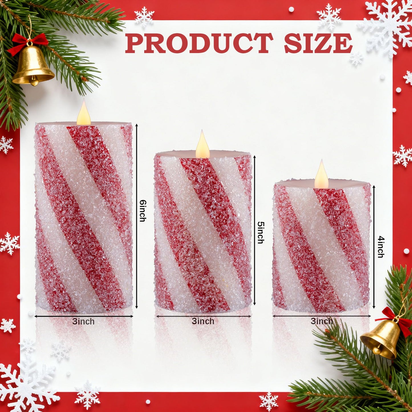 3 Pcs Christmas Candy Cane Stripe Flameless Candles, Real Wax Red &White Glitter Striped LED Pillar Candles with Battery Operated Flickering Flame for Xmas Party, Wedding, Home Decoration D3 x H4"5"6"