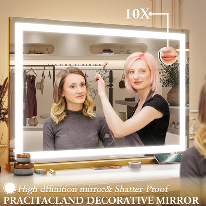 ROLOVE Vanity Mirror with Lights, 32" x 22" Large Lighted Vanity Mirror with Dimmable 3 Modes, LED Makeup Mirror, 10X Magnification, USB Charging Port, Tabletop or Wall-Mounted Square Gold